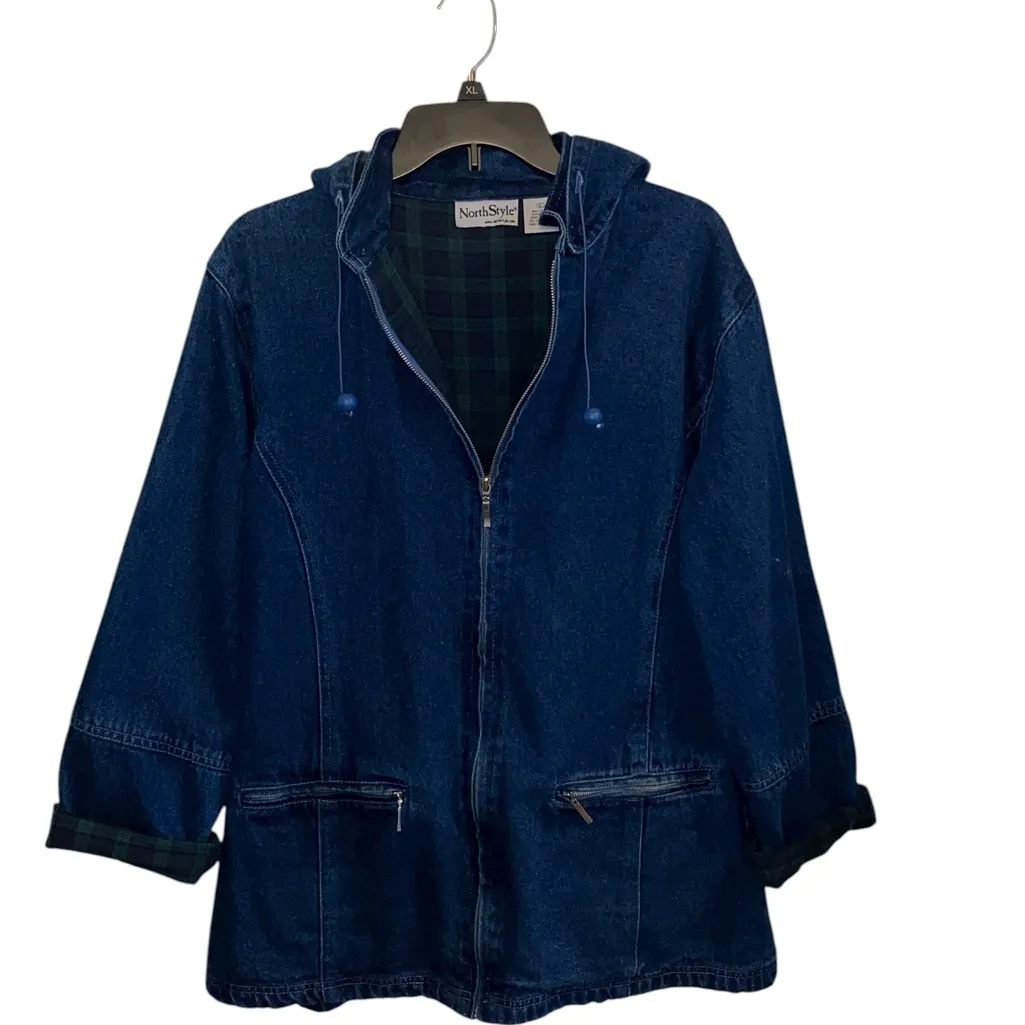 NorthStyle Denim Chore Coat Barn Jacket Green plaid flannel lining Hooded Fall Blue Size L - Image 2