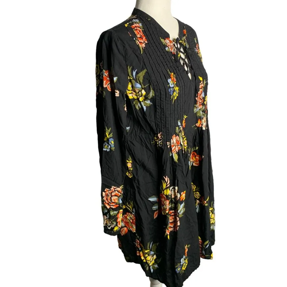 Old Navy Long Sleeve Baby Doll Dress M Black Floral Lace Up Pin Tucks Unlined - Image 5
