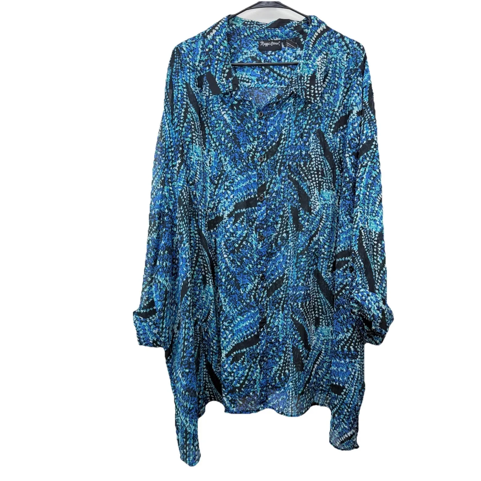 Maggie‎ Barnes Blue Colorful Pleated Semi Sheer 3/4 Sleeve Button Up Blouse  5X - Image 2