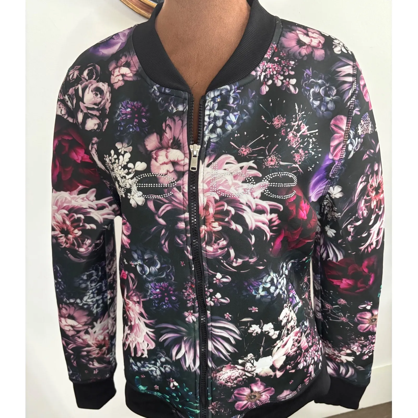 Bebe Sport Floral Bomber Jacket Women's Medium Multicolor Rhinestone Accents - Image 2