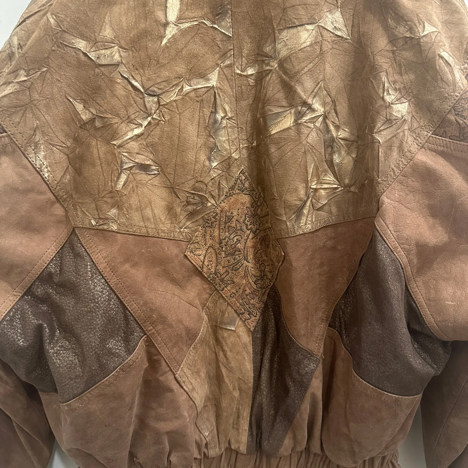 VTG 80s LNR Tan Brown Metallic Patchwork Leather Bomber Jacket Boho Retro Small - Image 9
