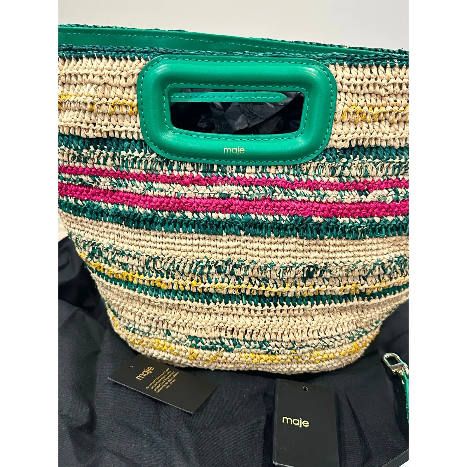NEW NWT MAJE M Mini Striped Raffia Basket Bag Vert Casino Green - Image 9
