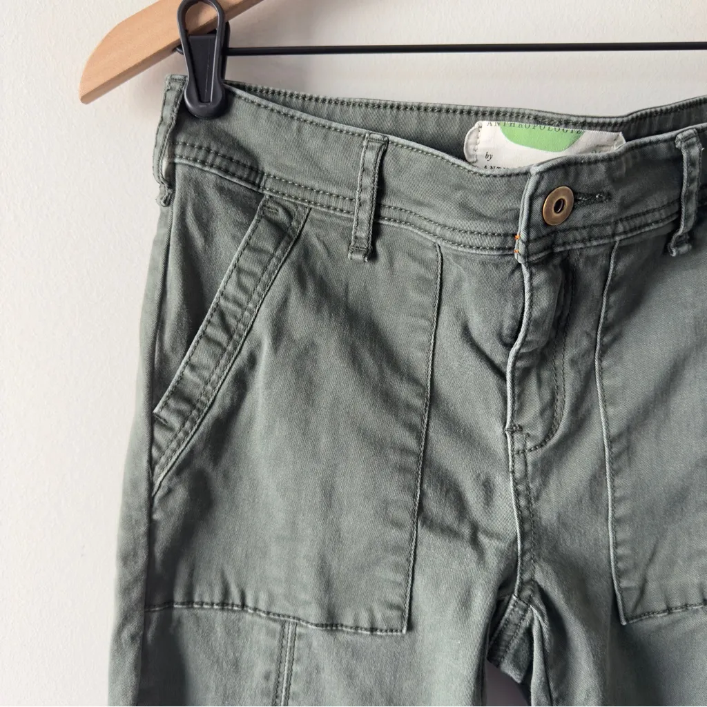 Anthropologie Olive Green Cargo Pants Skinny Cotton Stretch Casual Pockets Zip - Image 3