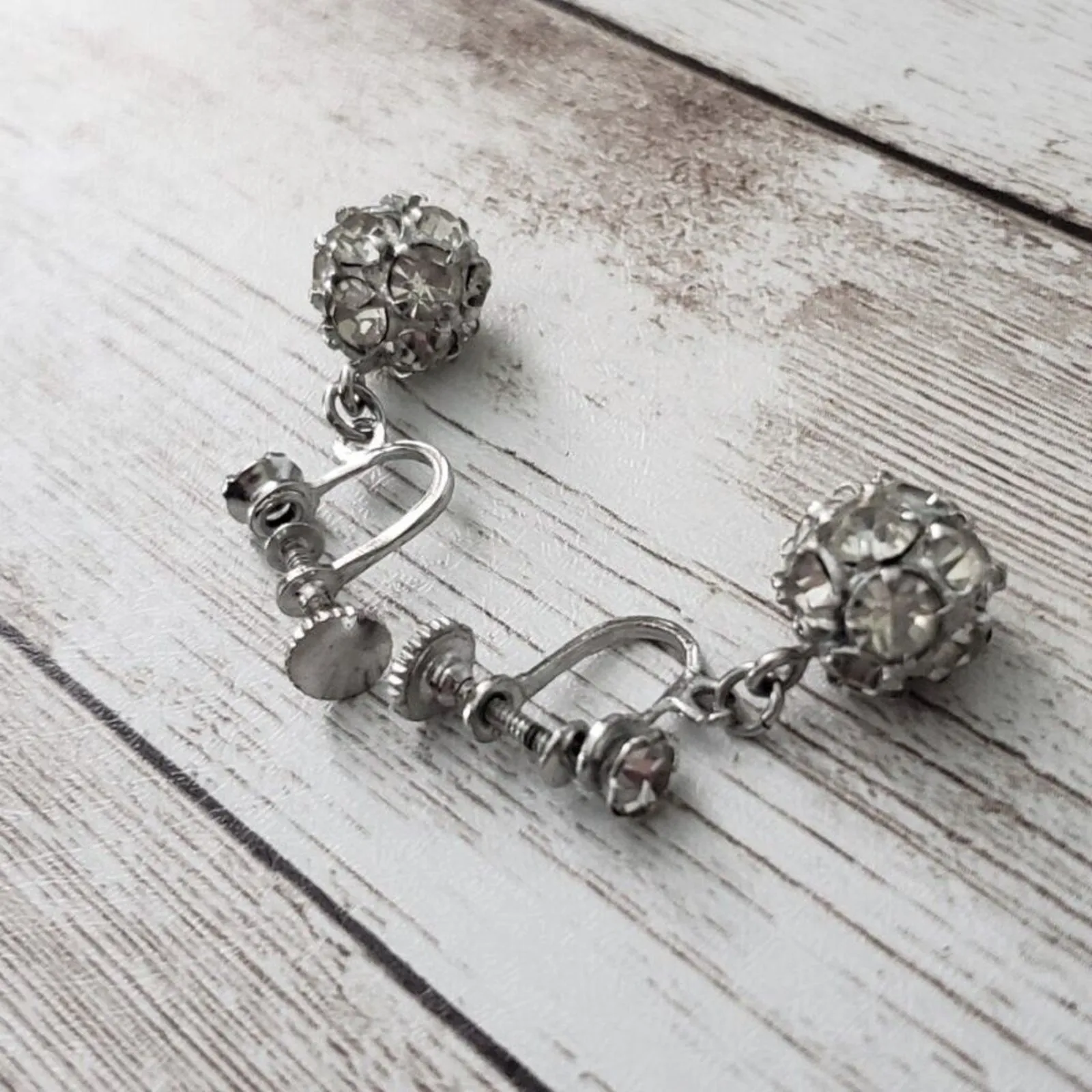 Vintage Screw On Earrings Clear Gem Ball Dangle Silver - Image 3