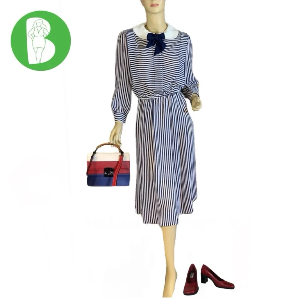 REO ORIGINALS VINTAGE 1980'S BLUE & WHITE STRIPED SHEATH DRESS W/TIE (8) - Image 2