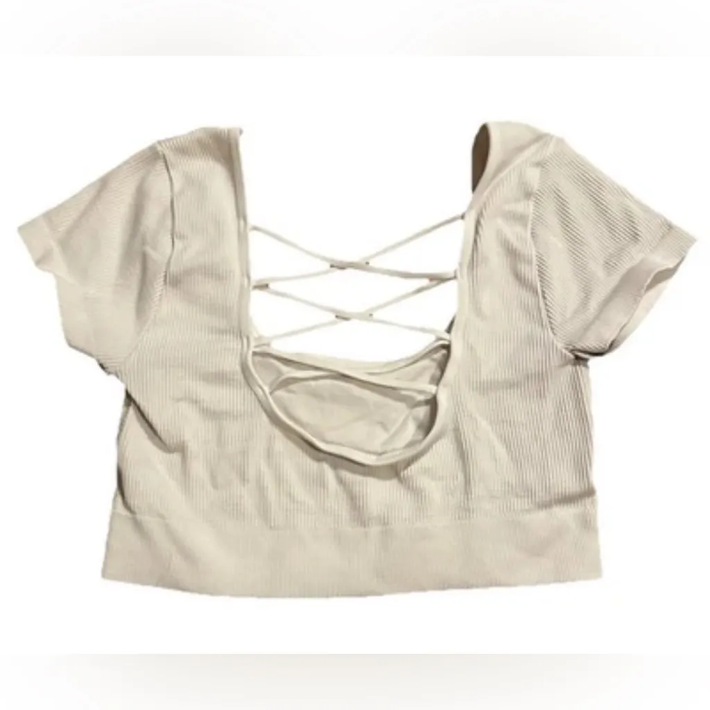 aerie women's T-shirt Shirt cropped ribbed strappy back medium Bralette EUC - Image 2
