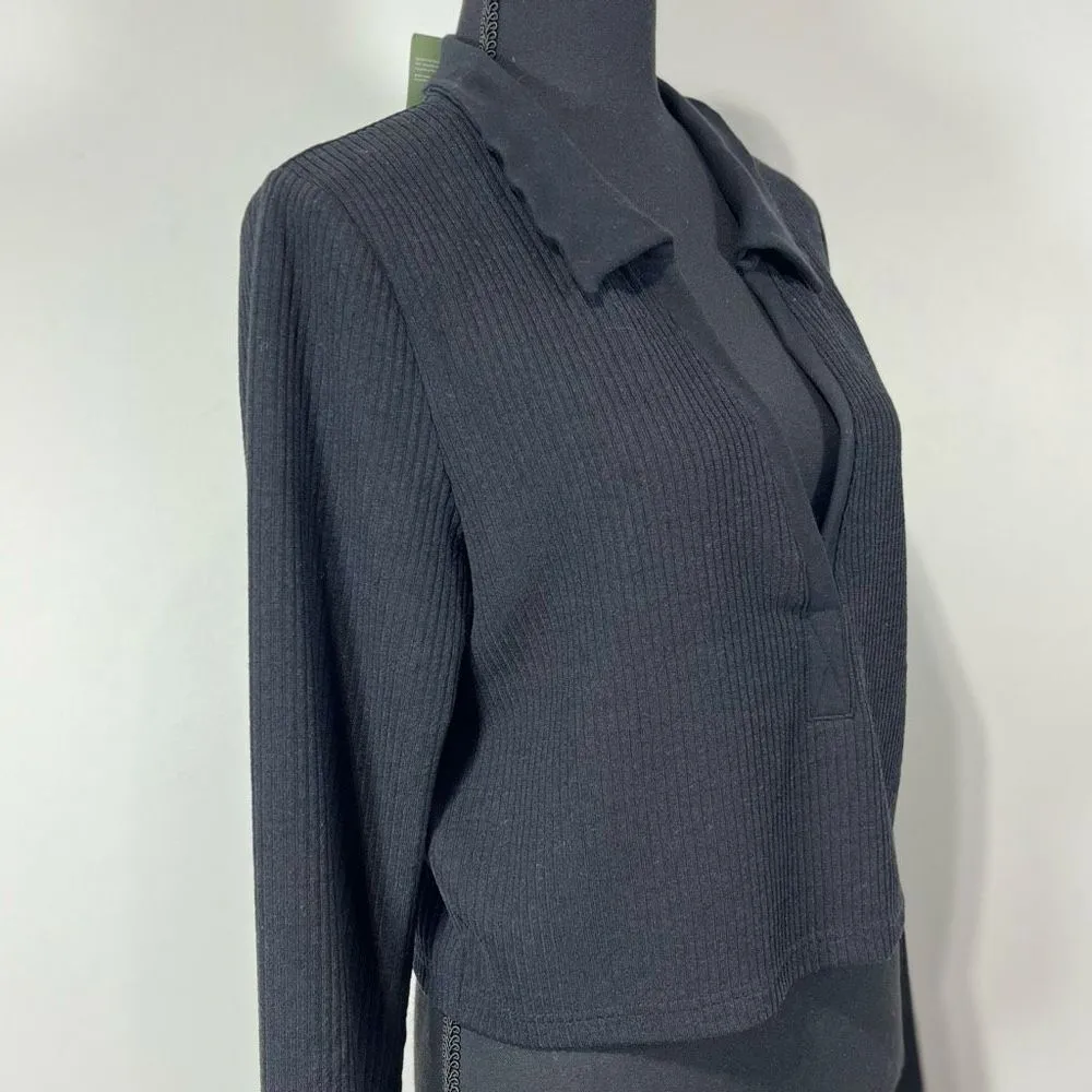 New H&M Divided Long Sleeve Ribbed Collared Cropped Top Sz XL Black - Image 4