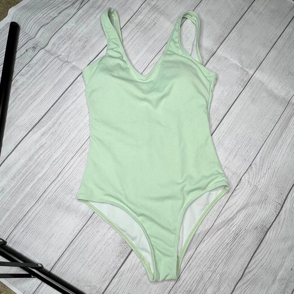 Zaful Sage Green Crinkle Ribbed One Piece Deep Scoop Neck One Piece Swimsuit S - Image 5