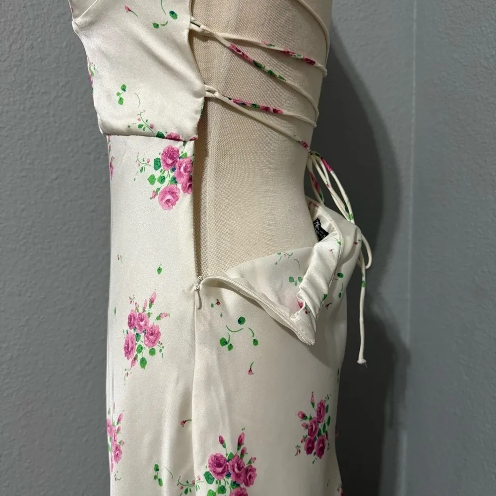 Zara Sweetheart Neckline Floral Print Satin Effect MIDI Dress Cross Back Sz L - Image 14