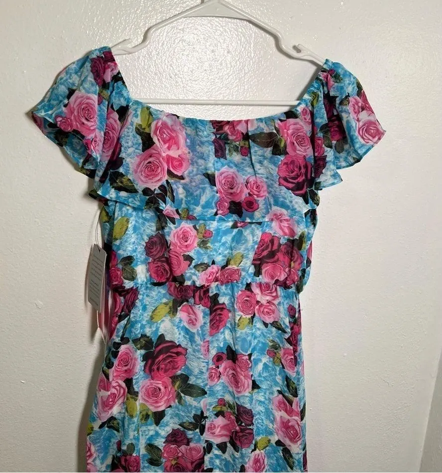 Betsey Johnson Off-The-Shoulder Floral Maxi Dress Malibu Blue - Image 10