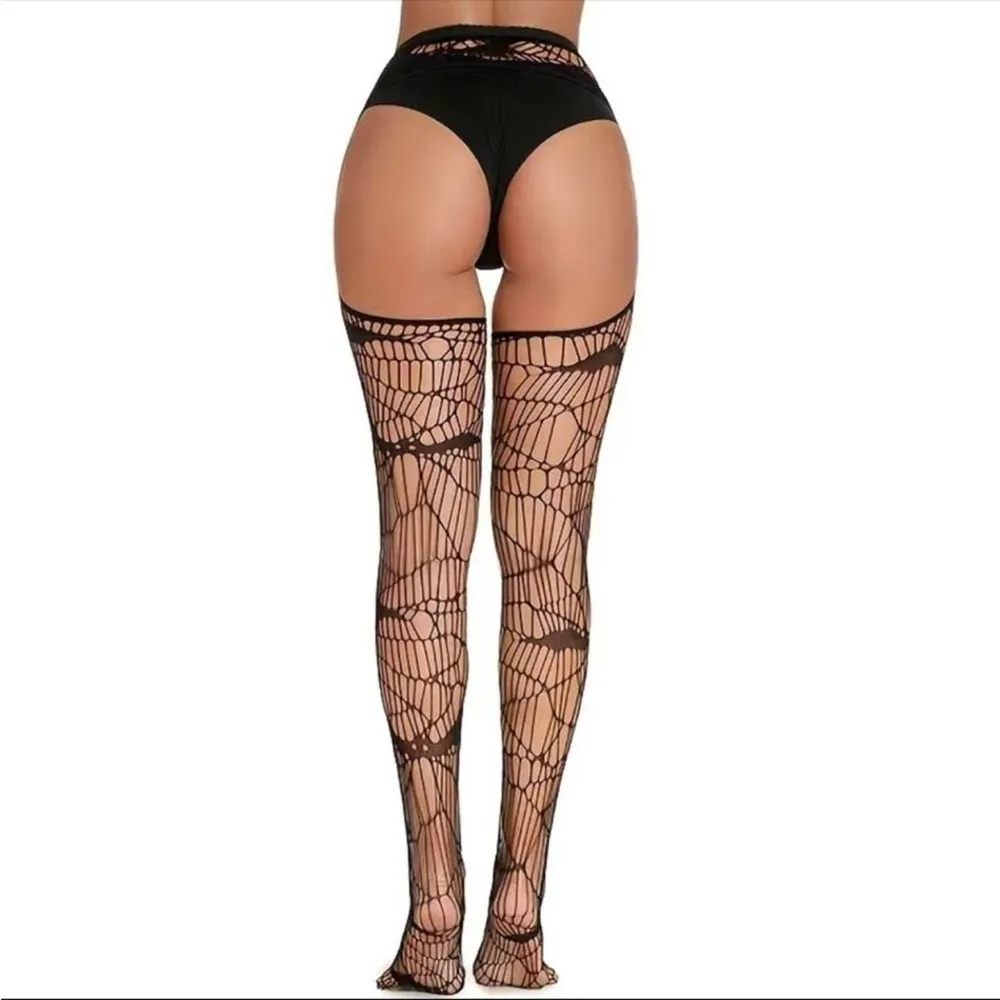 Black Bat Fishnet Suspender Tights Hollow Out High Waist Mesh Pantyhose One Size - Image 14