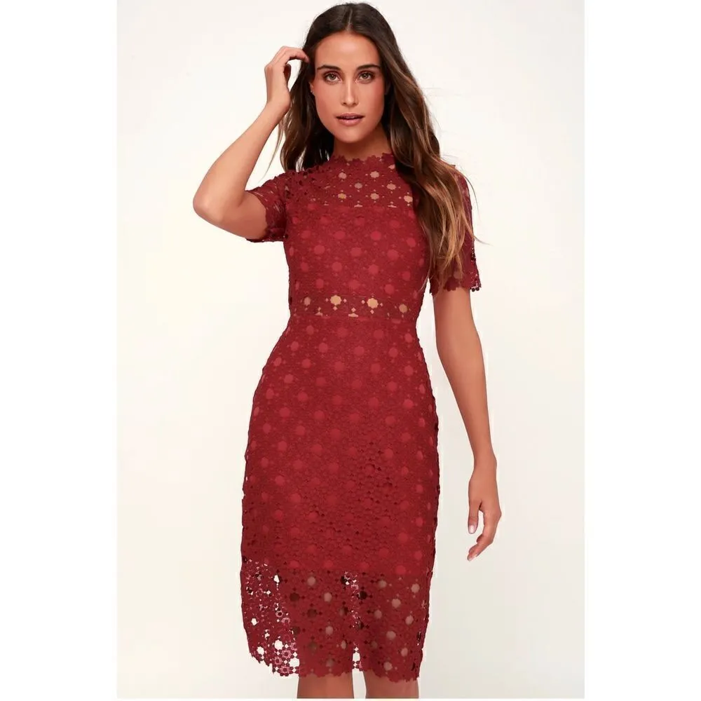 Lulus Burgundy Crochet Laced Bodycon Midi Dress Size S/ Party/ Cocktail/Formal - Image 2