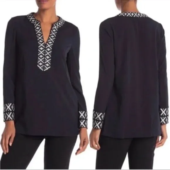 Tory Burch Ariana Tunic Top Navy Blue Embroidered Long Sleeve Size 0 - Image 2