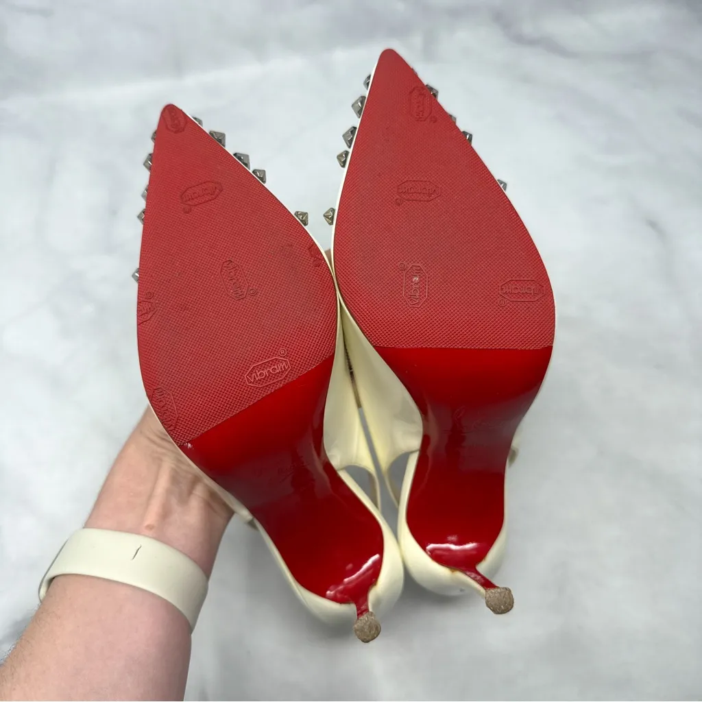 Christian Louboutin Drama Sling 100 Studded Patent Leather Slingback Heels Latte - Image 11