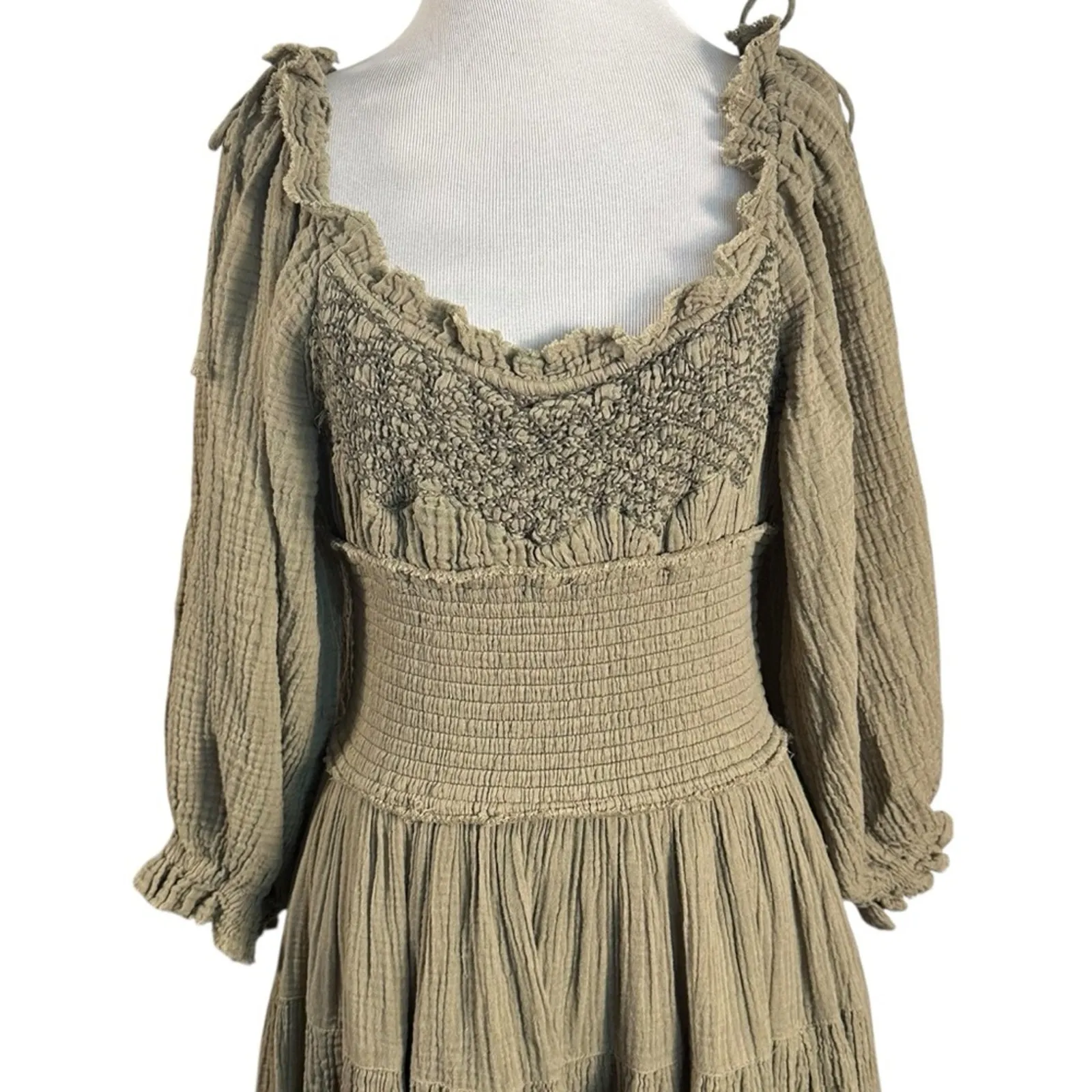 Free People Bohemian Witchy Gypsy Midi Maxi Gauze Dress Olive Large Renaissance - Image 6