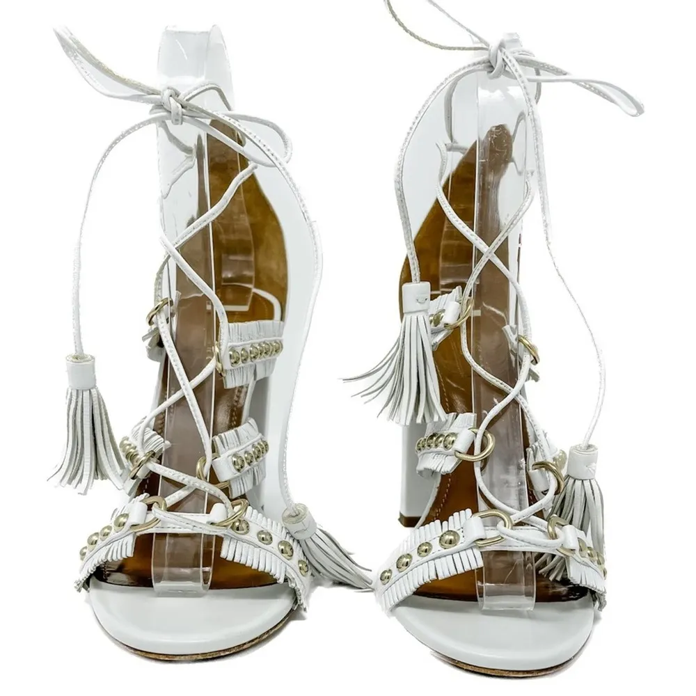 Aquazzura White Tulum Fringed Leather Studded Gladiator Sandal size 37.5 - Image 3