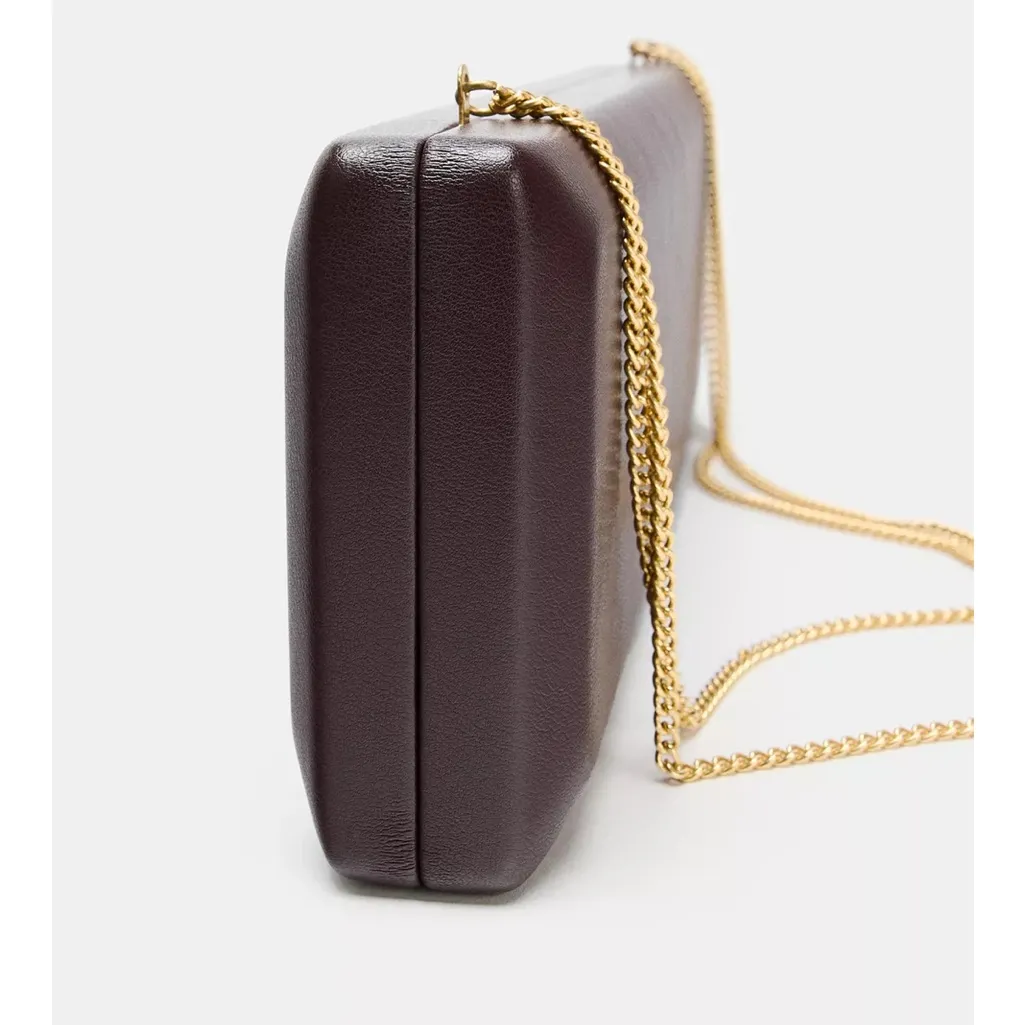 Zara NWT brown faux leather elongated extended rectangle clutch bag gold chain - Image 6