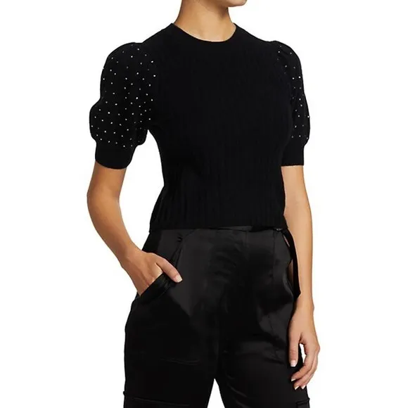 Jonathan Simkhai Daphne Wool Cashmere Knit Black Embellished Puff Sleeve Sweater Size XS - Image 23