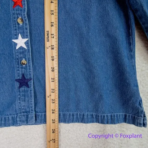 Vintage Luna Pier *stained" long sleeve jean shirt Independence Day,‎ size M Blue Size M - Image 6