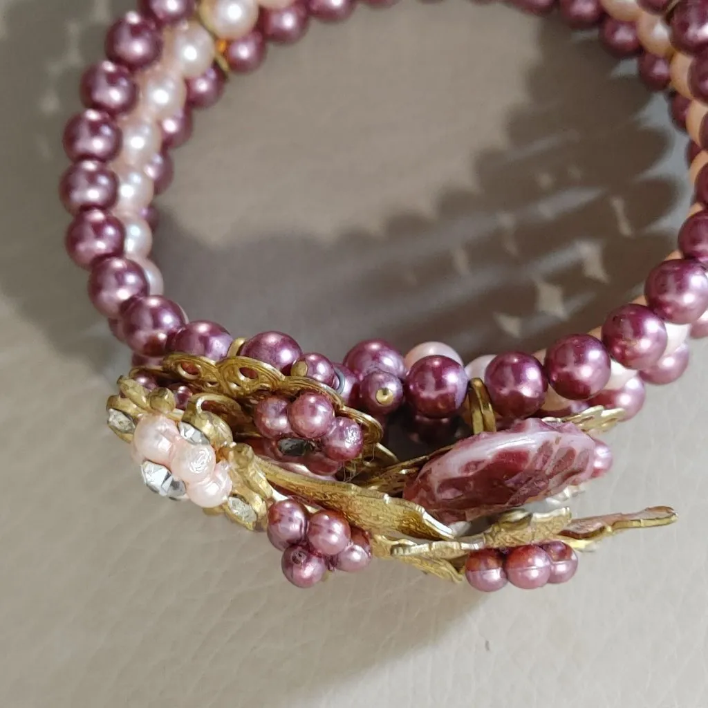 Miriam Haskell Bracelet Vintage Pink Gold Floral Beaded Rhinestones Faux Pearl - Image 7