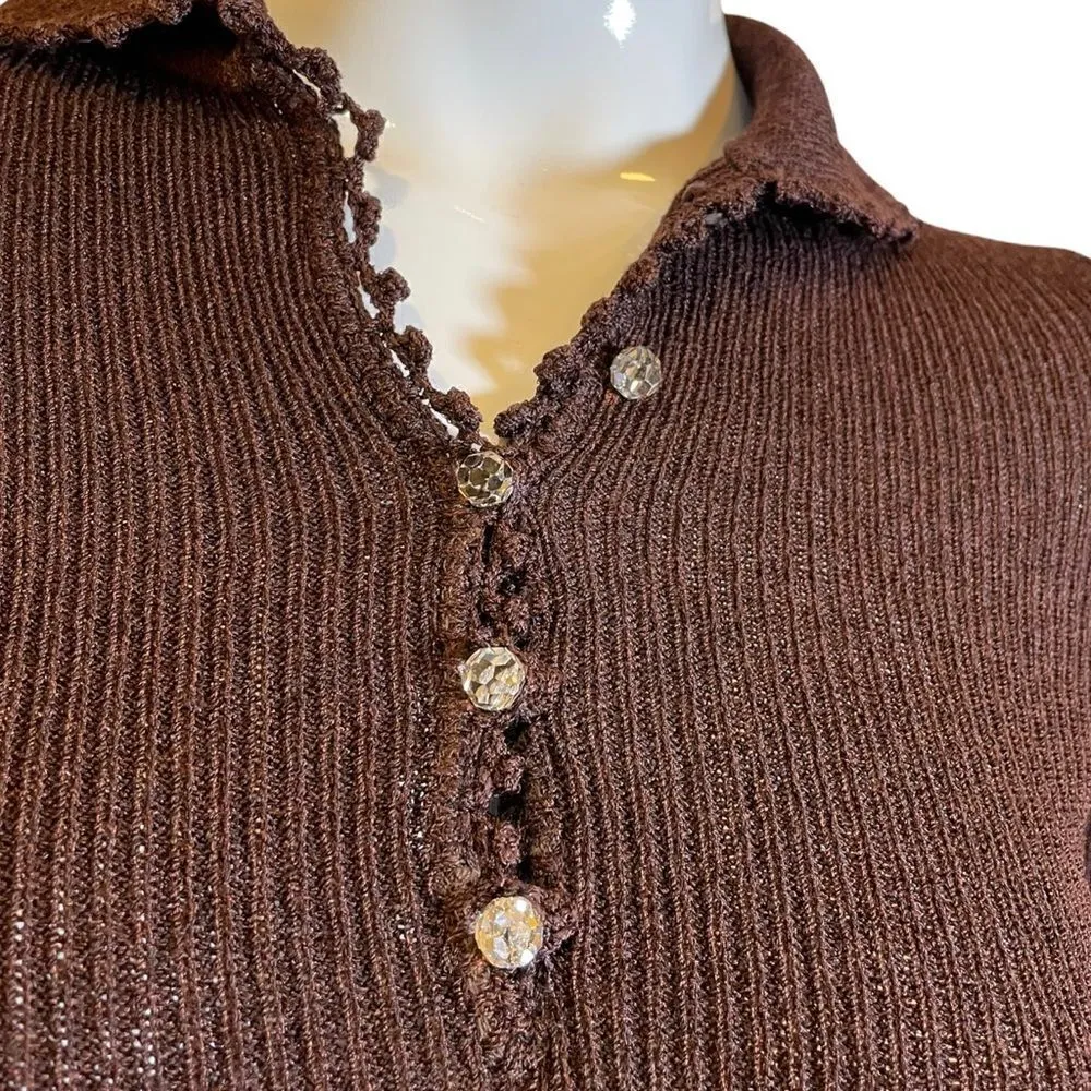 Vintage 60s Goldworm Knit Ribbed Crochet MIDI Chocolate Brown Sweater Dress XS - Image 16