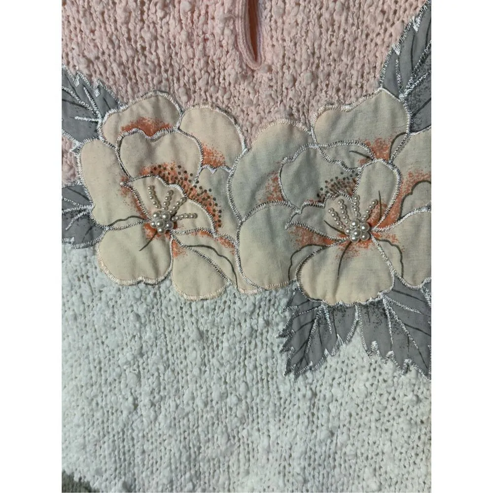 Palm Springs Yacht Club Pink Cream Textured Floral Knit Sweater Sz S Vintage - Image 8