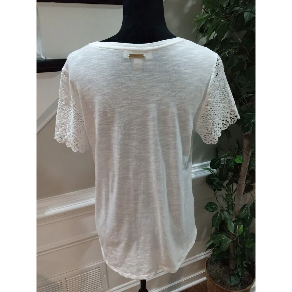 Michael Kors Women's Off White Lace Round Neck Short leeve Top Blouse Medium - Image 7