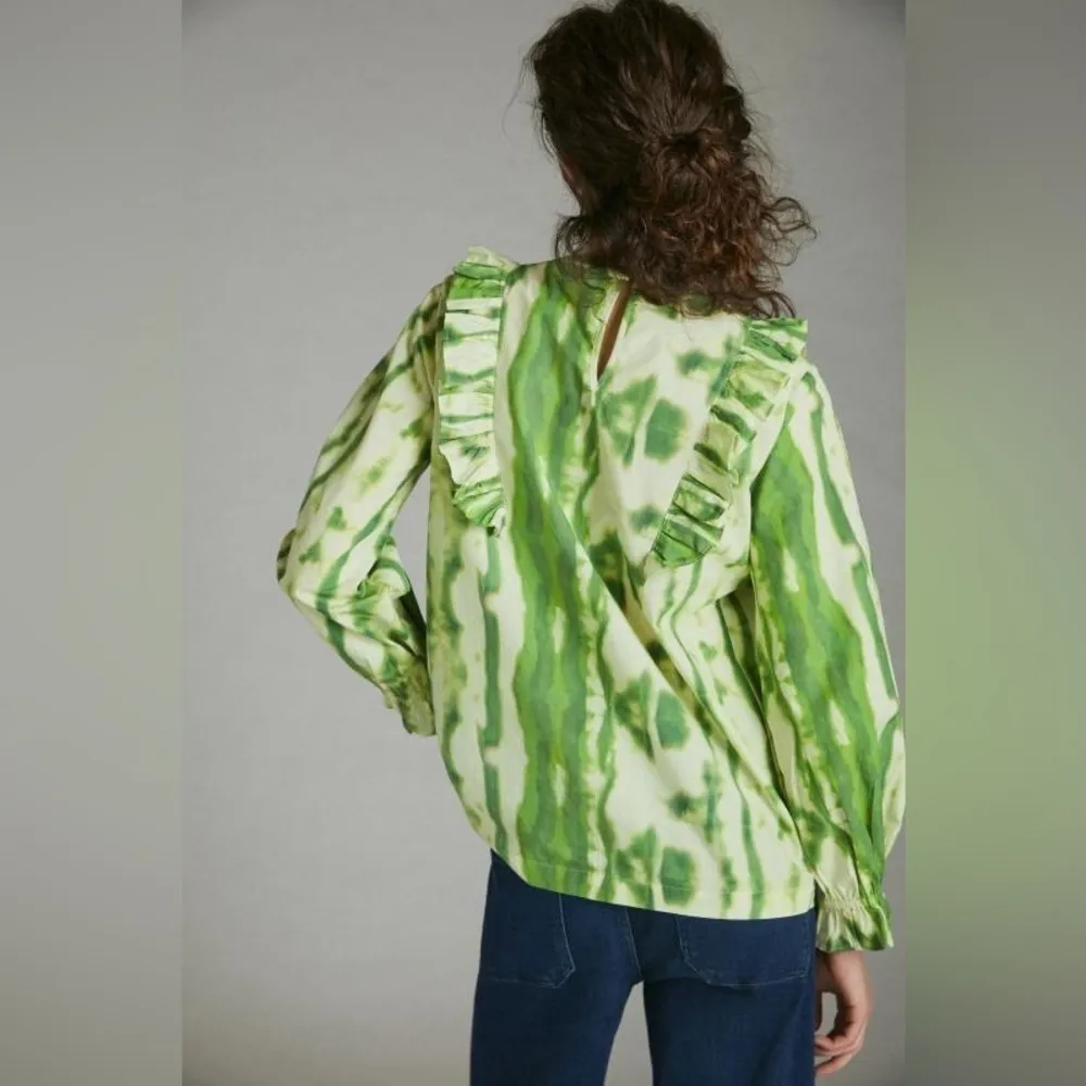 Anthropologie Samant‎ Chauhan Green Tie Dye Long Sleeve Ruffle Blouse Size L - Image 2