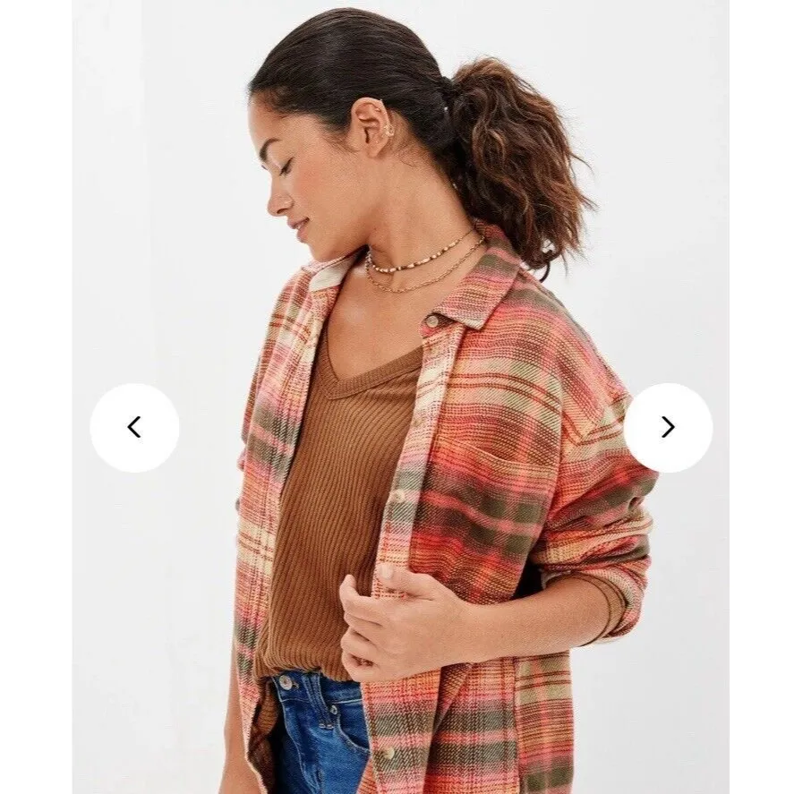 American Eagle Green Orange Plaid Fleece Flannel Oversized Button-down Shirt XS - Image 4