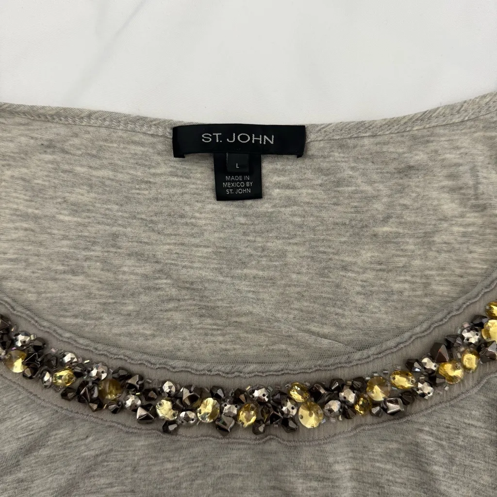 St. John Women’s Long Sleeve Beaded Neckline Tunic Top Rhinestone Jewel Bling L - Image 3
