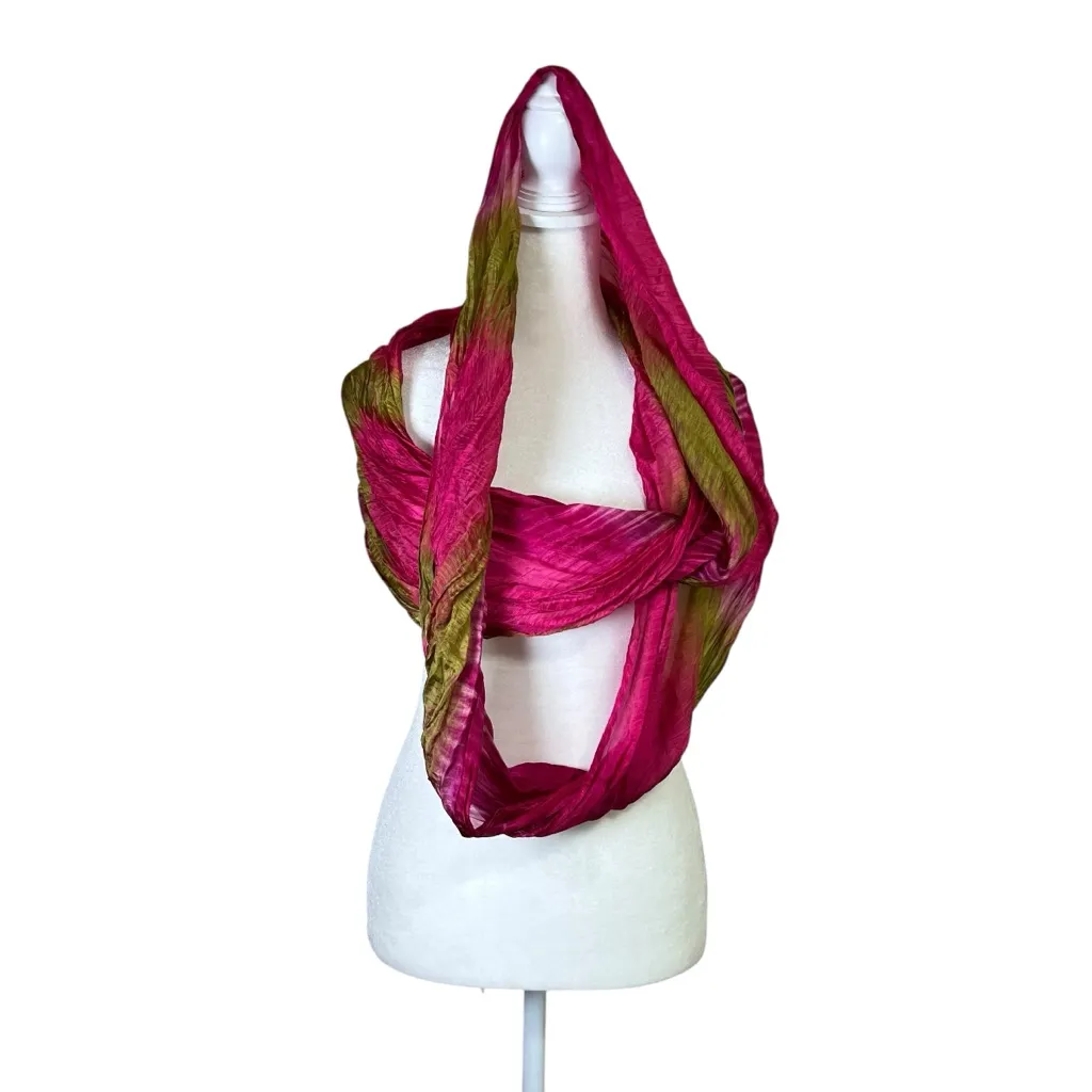 VTG Infinity Scarf Shawl Cowl Wrap Fuchsia Olive Green Silky Boho Colorful Chic - Image 6
