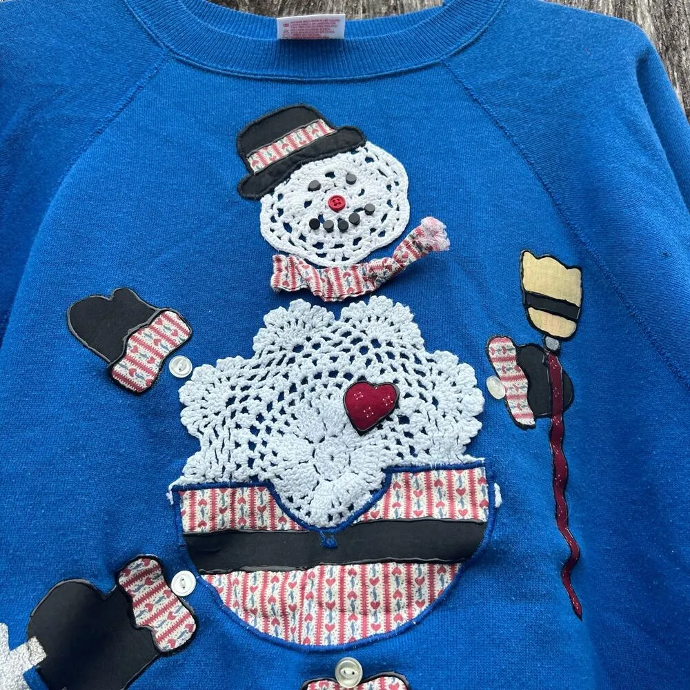 Vintage 90s Crochet Doily Snowman Decorated Winter Ugly Christmas Sweatshirt XL Blue - Image 2