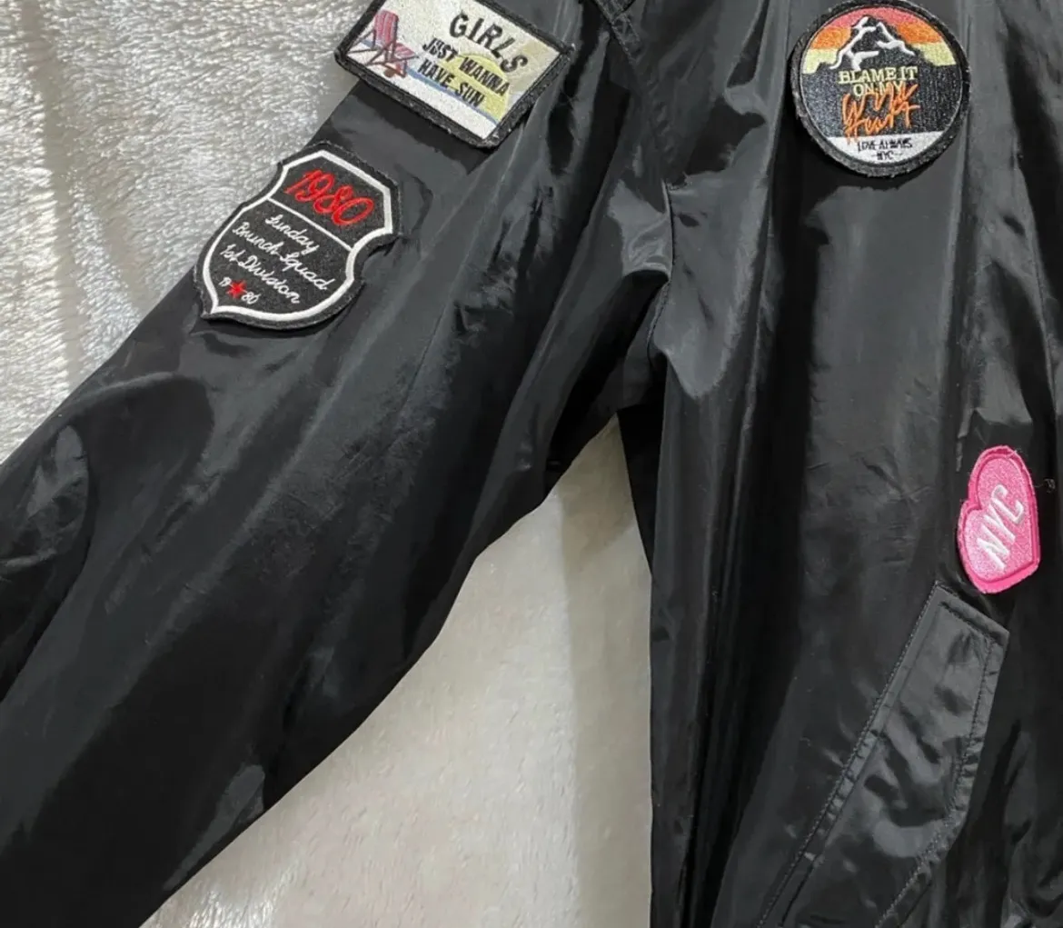 EXPRESS Black Bomber Jacket w/ patches Size M (Like New) - Image 2