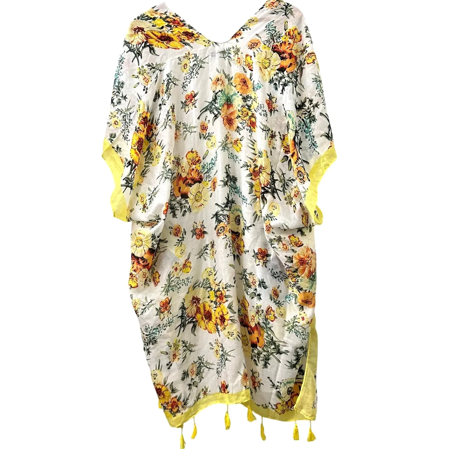 Woven Heart OS Floral Open Robe Fringe Boho Yellow Coverup Beach Summer‎ Resort - Image 2