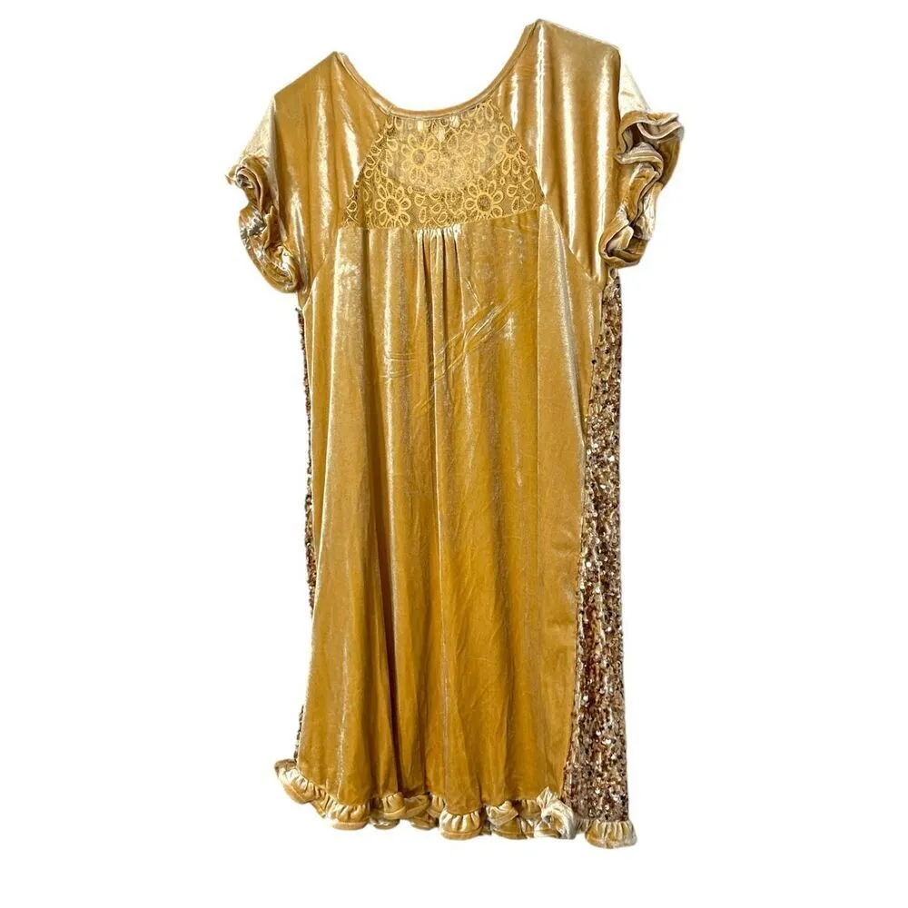 Umgee Gold Sequins Velvet Dress Ruffled Sleeves Women’s Size M - Image 8