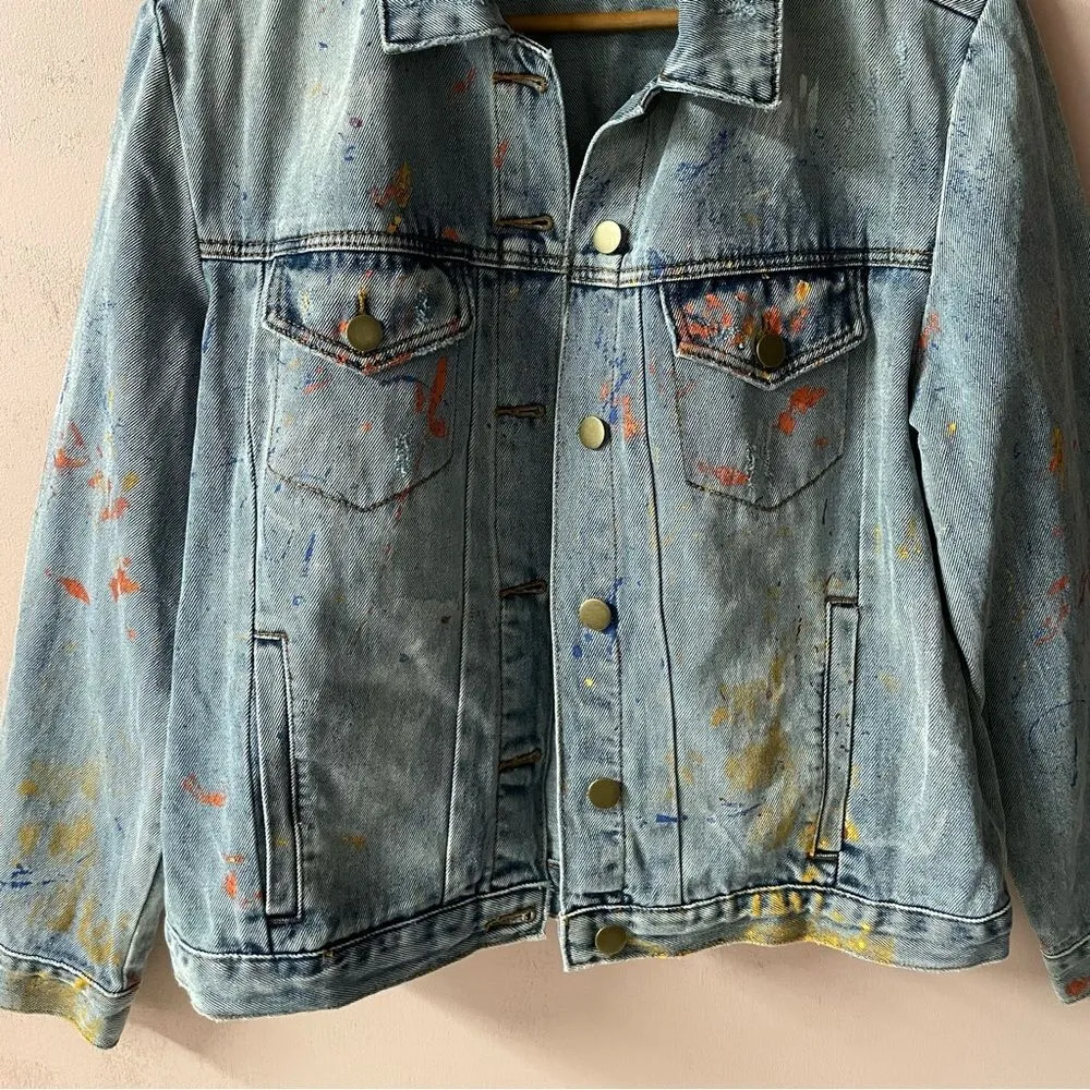 One Teaspoon Blue Paint Splattered Distressed Boxy Fit Denim Jacket EUC Size XS - Image 14