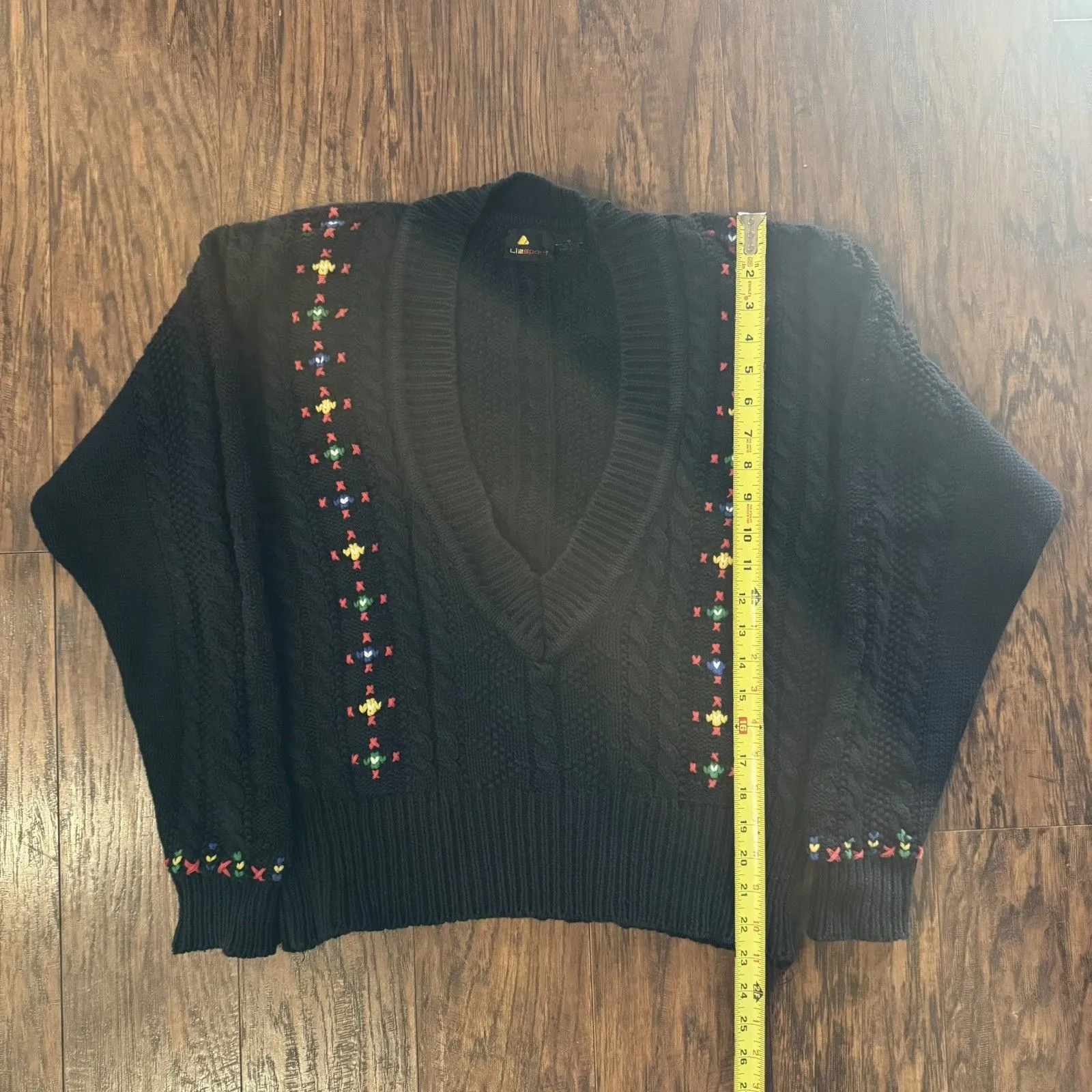 Vintage Liz Sport V Neck Sweater Cable Knit Size Small 100% Cotton Embroidered - Image 8