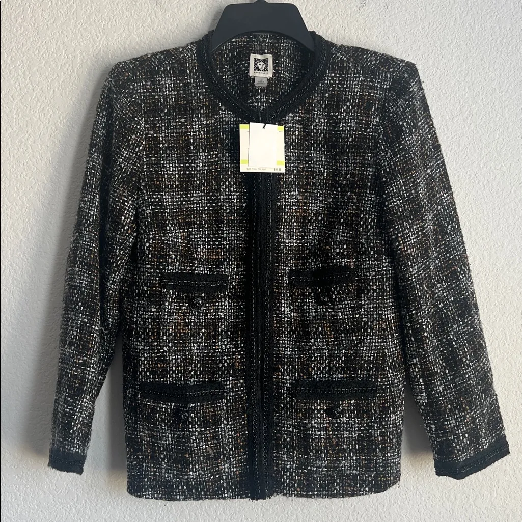 Anne Klein Tweed Fringe Jacket in Anne Black Combo, Size 4, NWT - Image 2