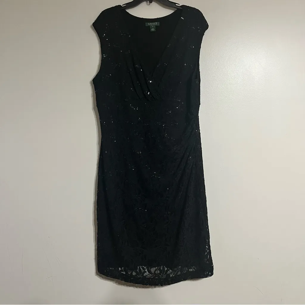 Lauren‎ Ralph Lauren Black Stretch Sleeveless Sequin Lace V-Neck Size 16 W - Image 3