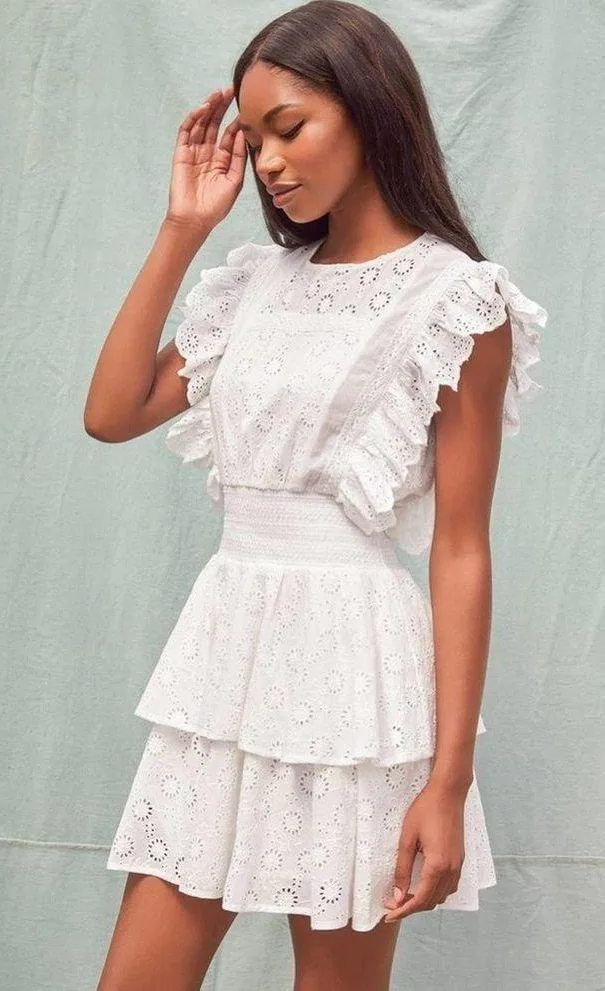NEW Lulus Delightfully Sunny Eyelet White Mini Tiered Ruffled Dress Womens L - Image 5