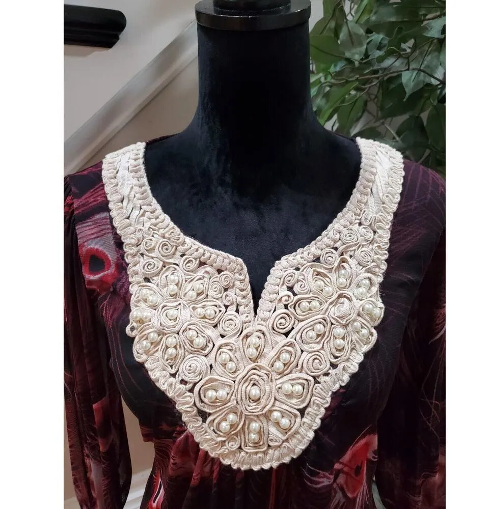 New Direction Women Burgundy Peacock Feather Beaded V - Image 3