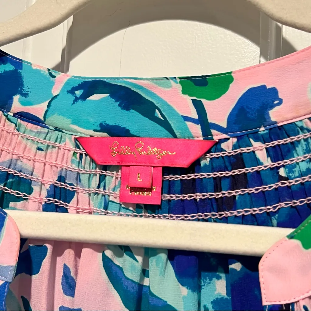 Lilly Pulitzer Elsa Silk Top Large Pink Tropics Sweet Pea Long Sleeve Blouse - Image 4