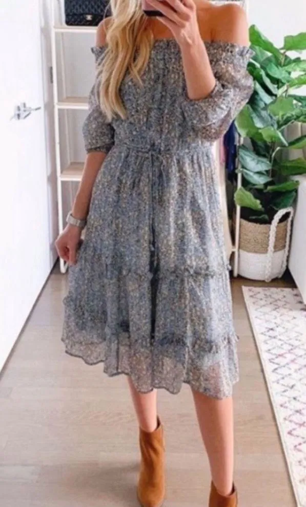 Anthropologie Kira Off the Shoulder Peasant Midi Dress Floral Metallic Sz 4 - Image 4