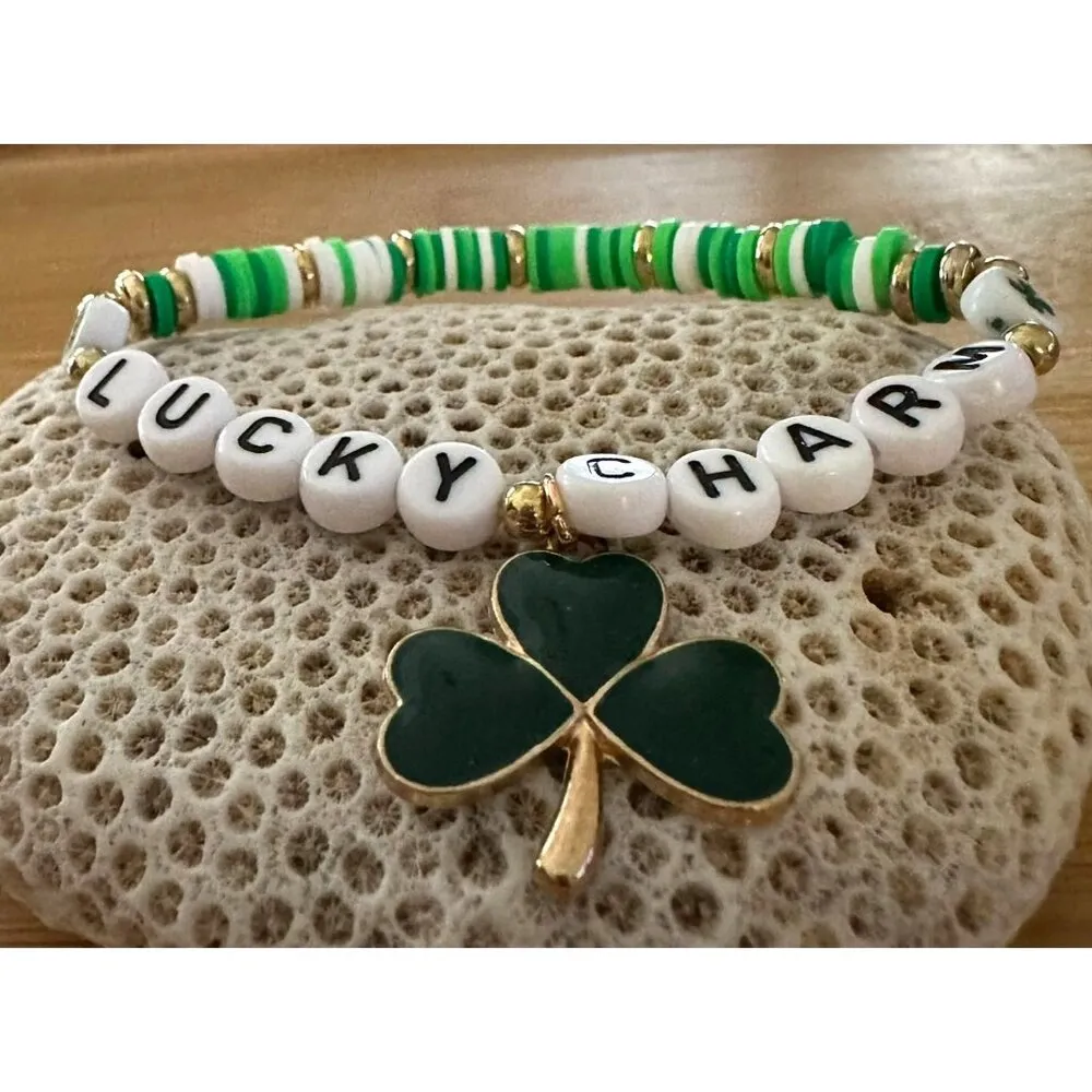 St Patricks Day Bracelet New Beaded Shamrock Lucky Charm New Festive Par… White - Image 3