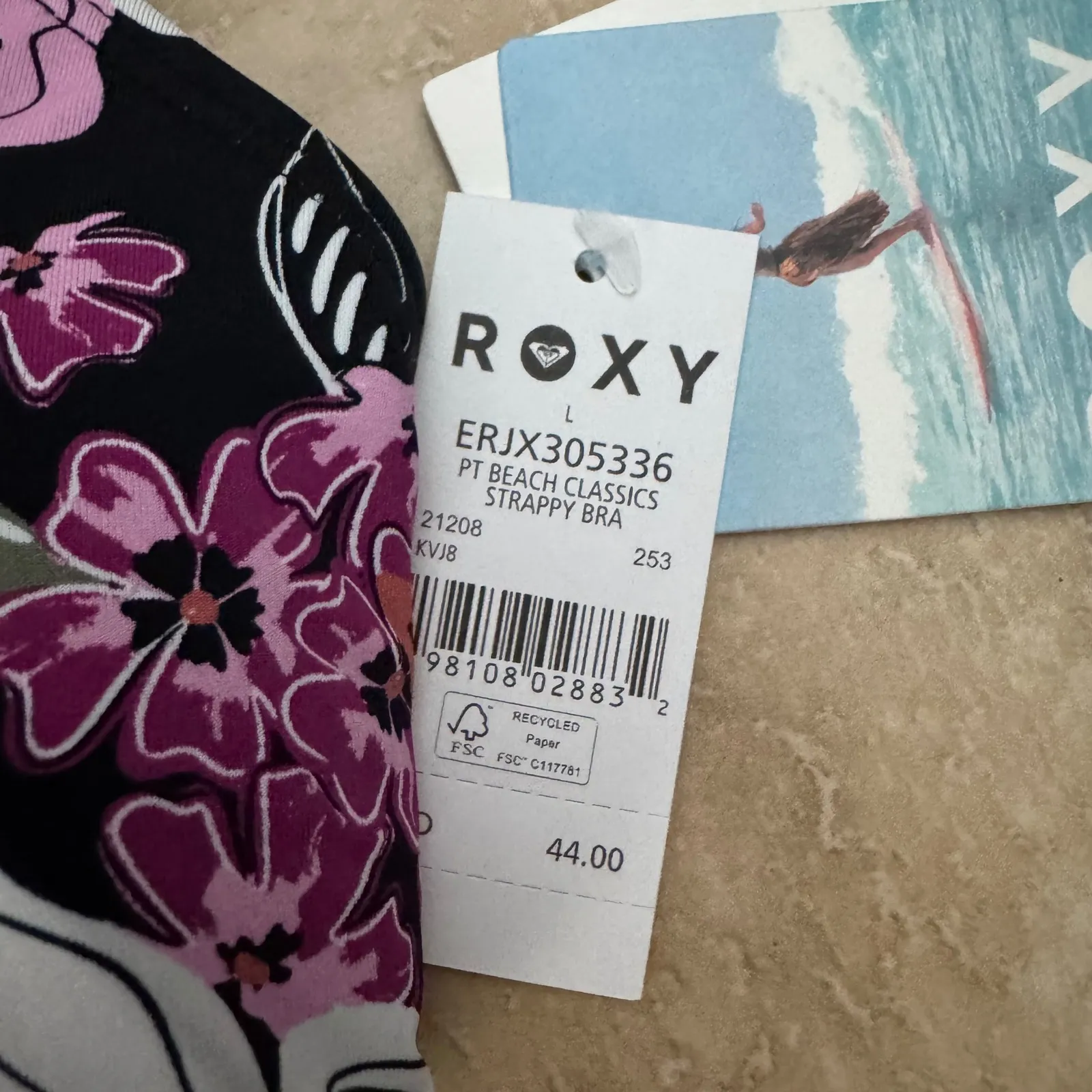 Roxy NWT  Floral Beach Classics Strappy Bra Bikini Top Women's Size L - Image 4