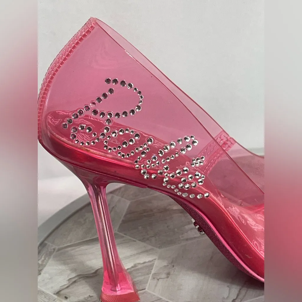 Barbie x ALDO BARBIESTESSY Pink PVC Crystal Logo Heels Pumps Size 6.5 US - Image 7