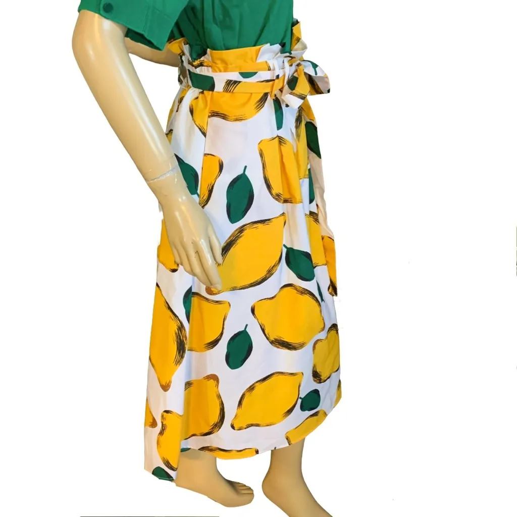 HER DESTINY YELLOW & GREEN LEMON PRINT PAPER SACK WAIST FULL MIDI SKIRT NWT (L) Size L - Image 3