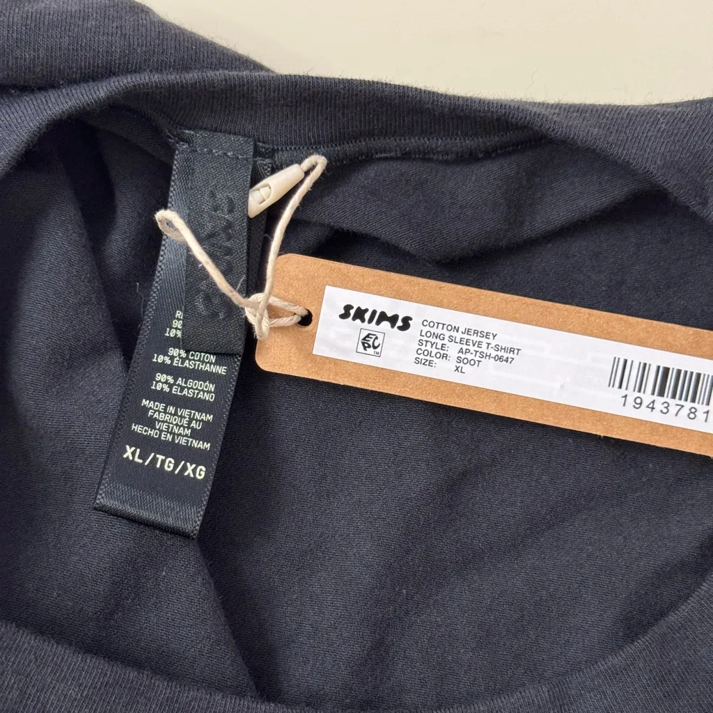 Skims Cotton Jersey Long Sleeve T-Shirt in Soot, Size XL - Image 3