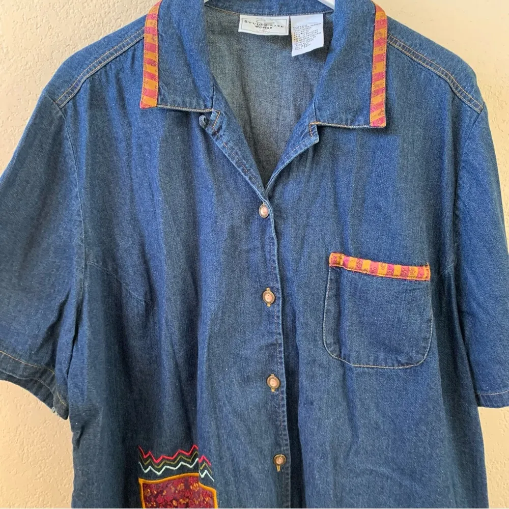 Vintage 90s Denim Patchwork Trimmed Oversized Button Up Women’s Size 22W Blue - Image 3