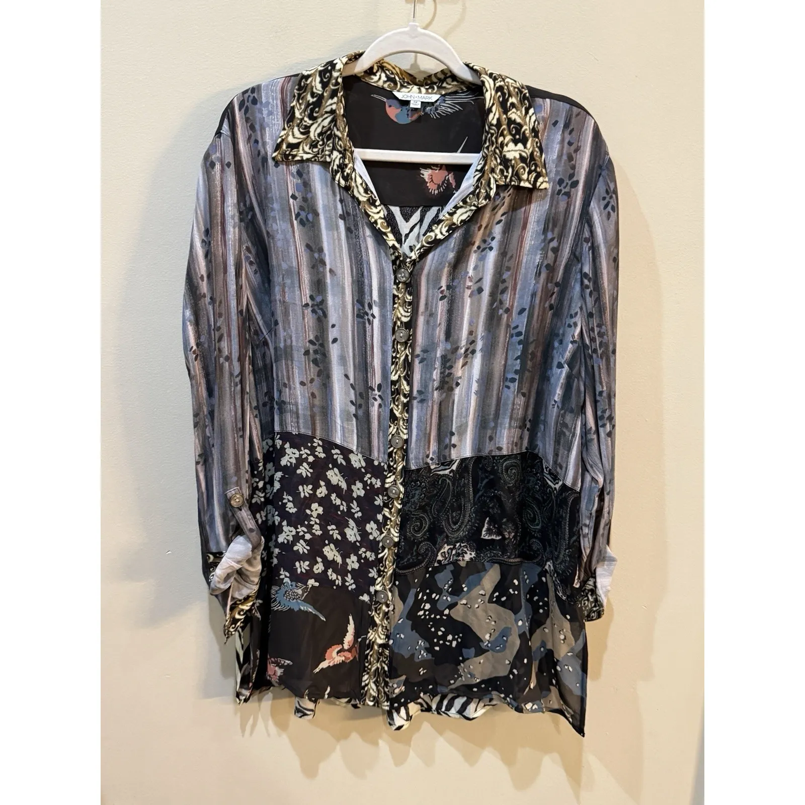 John Mark Mix Print Patched Button Front Tunic Blouse Top Size 1X Roll Tab - Image 3